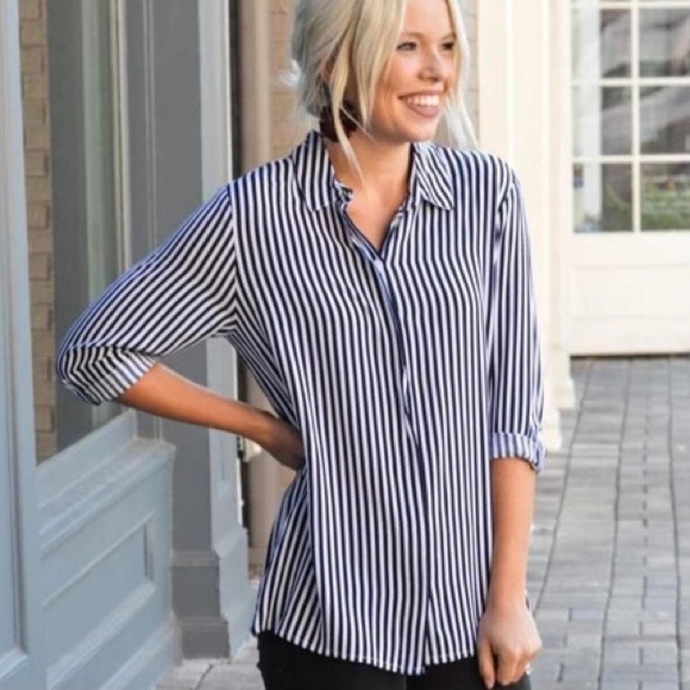 Velvet Heart Pinstriped High-Low Button-Up Blouse